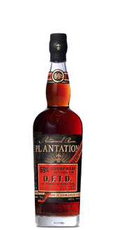 A bottle of Plantation 69% Overproof Rum on a solid white background. The bottle is made of clear glass showing the amber-brown rum inside, with a black cap and a black label featuring gold and red text.