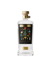 Bottle of Harvest Gin with decorative label on a white background