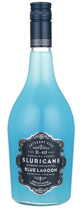 Blue bottle of Sluricane Blue Lagoon with a dark label on a white background