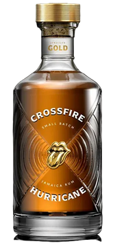 Crossfire Hurricane Jamaica Rum bottle with gold cap on a white background
