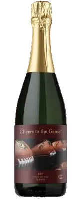 Bottle of 'Cheers to the Game' sparkling wine n a white background
