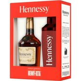 Hennessy bottle and shaker set in a red box on a white background