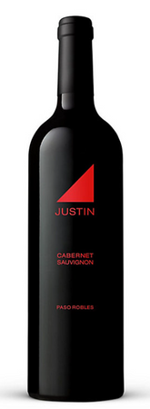 Black wine bottle with red triangle logo and 'Justin' branding on a white background