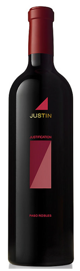 Red wine bottle with Justin label on a white background