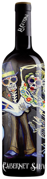 Wine bottle with artistic design of skeletons holding hands on a black background