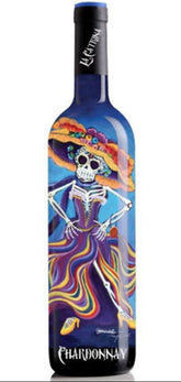 Wine bottle with colorful label featuring a skeleton in a dress on a white background