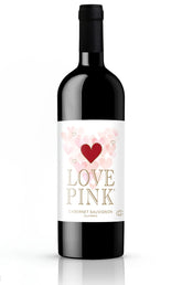 Wine bottle with a 'Love Pink' label on a white background