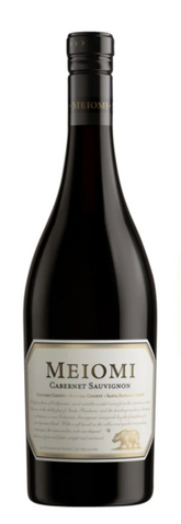Meiomi Cabernet Sauvignon wine bottle and label on a white background