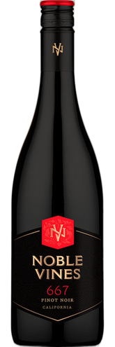 A bottle of Noble Vines 667 Pinot Noir California red wine, featuring a dark glass bottle with a black label, gold lettering, and a red logo shield.