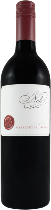A bottle of Napa Cabernet Sauvignon red wine with a dark glass body, a white label with elegant black script, and a dark red wax seal, topped with a dark red foil capsule.