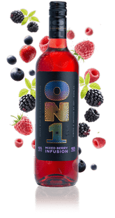 Bottle of ON1 Mixed Berry Infusion with berries on a brown background