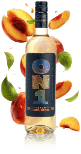 Bottle of ON1 Peach Infusion with peach slices and leaves on a beige background