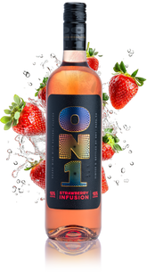 Bottle of ON1 Strawberry Infusion with strawberries and water droplets on a white background