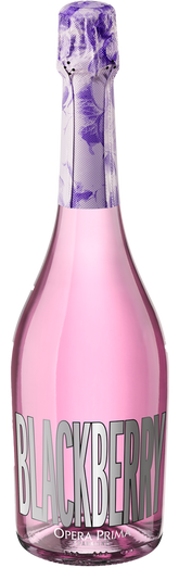 Pink bottle of Blackberry sparkling wine with purple cap on a white background