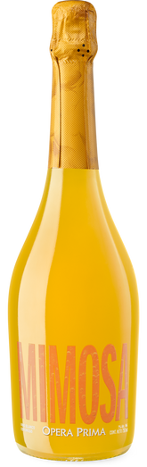 Yellow bottle of Opera Prima Mimosas on a white background