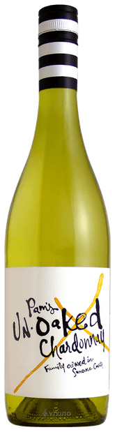 Bottle of s Un-Oaked Chardonnay with a black and white striped cap.