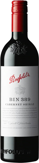 A bottle of Penfolds Bin 389 Cabernet Shiraz red wine, featuring a dark glass bottle with a red wax seal and a white label with red and black text.