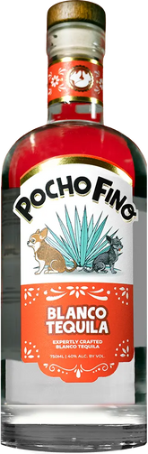 Bottle of Pocho Fino Blanco Tequila with red label and agave plant illustration.