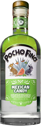 Bottle of Pocho Fino Mexican Candy with a colorful label featuring animals and watermelon.
