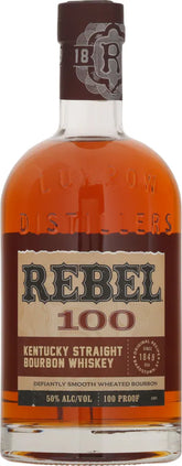 Bottle of Rebel 100 Kentucky Straight Bourbon Whiskey with a visible label and bottle cap.