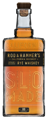 Bottle of Rod & Hammer's California Rye Whiskey with 'SLO MADE' text on a white background