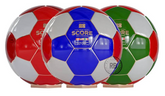Three soccer balls in red, blue, and green with 'Score' branding on a white background.