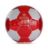 Red and white soccer ball with 'Score' branding on a white background