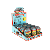 A retail display box filled with cans of Shanks' Whip whiskey on a plain white background. The display features a light blue and red striped cardboard stand with vintage-style branding and multiple silver metal cans with red, yellow, and blue labels.