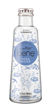 Bottle of San Benedetto bene soda water with floral design on a white background