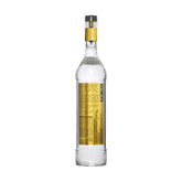 Bottle of vodka with a gold label on a white background