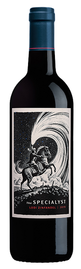 A bottle of red wine with a dark label featuring a black and white illustration of a rider on a horse in front of a swirling wave, with the text 'The SPECIALIST' and 'LODI ZINFANEL 2019' on the label.