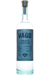 Vago Mezcal bottle with blue label on a white background
