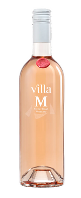 Rose wine bottle with 'villa M' label on a white background