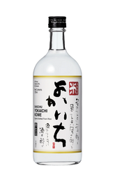 Alcohol bottle with a white label featuring black text and a red logo on a white background