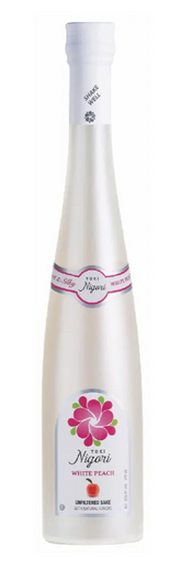 White bottle with a pink label featuring a floral design on a white background