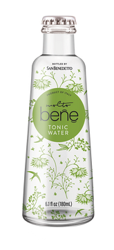Bottle of San Benedetto tonic water with decorative label on a white background