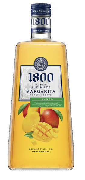 Bottle of 1800 Ultimate Margarita with mango flavor on a white background
