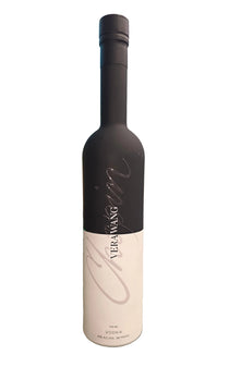 A bottle of YEN-MANG wine with a black neck and a white label featuring a large silver script logo