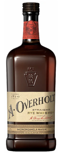 Bottle of A. Overholt Straight Rye Whiskey on a white background