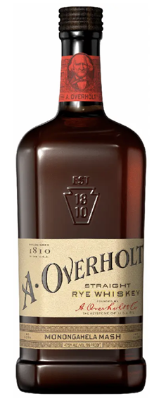 Bottle of A. Overholt Straight Rye Whiskey on a white background