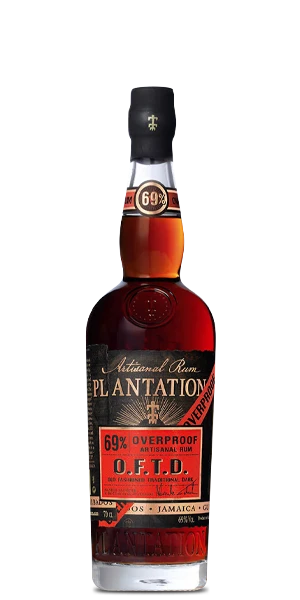 A bottle of Plantation 69% Overproof Rum on a solid white background. The bottle is made of clear glass showing the amber-brown rum inside, with a black cap and a black label featuring gold and red text.