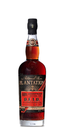 A bottle of Plantation 69% Overproof Rum on a solid white background. The bottle is made of clear glass showing the amber-brown rum inside, with a black cap and a black label featuring gold and red text.