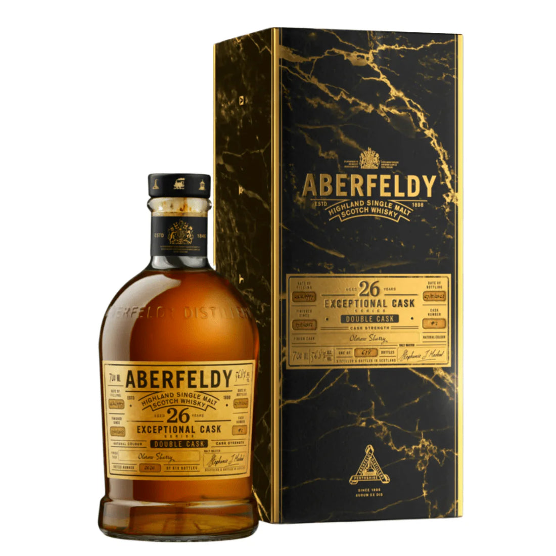 Aberfeldy whisky bottle and packaging on a white background