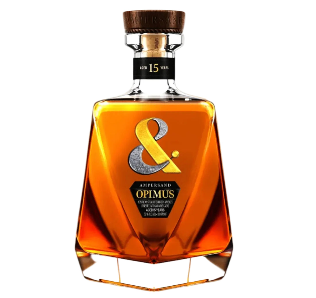 Amber whiskey bottle with a distinctive label on a white background