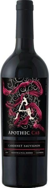A bottle of Apothic Cab Cabernet Sauvignon red wine, featuring a black label with a prominent pink and white gothic-style 'A' logo and elegant script text.