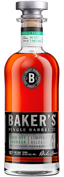 Baker's Single Barrel bourbon bottle on a white background