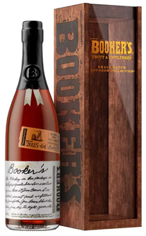 Booker's bourbon bottle and wooden box on a white background