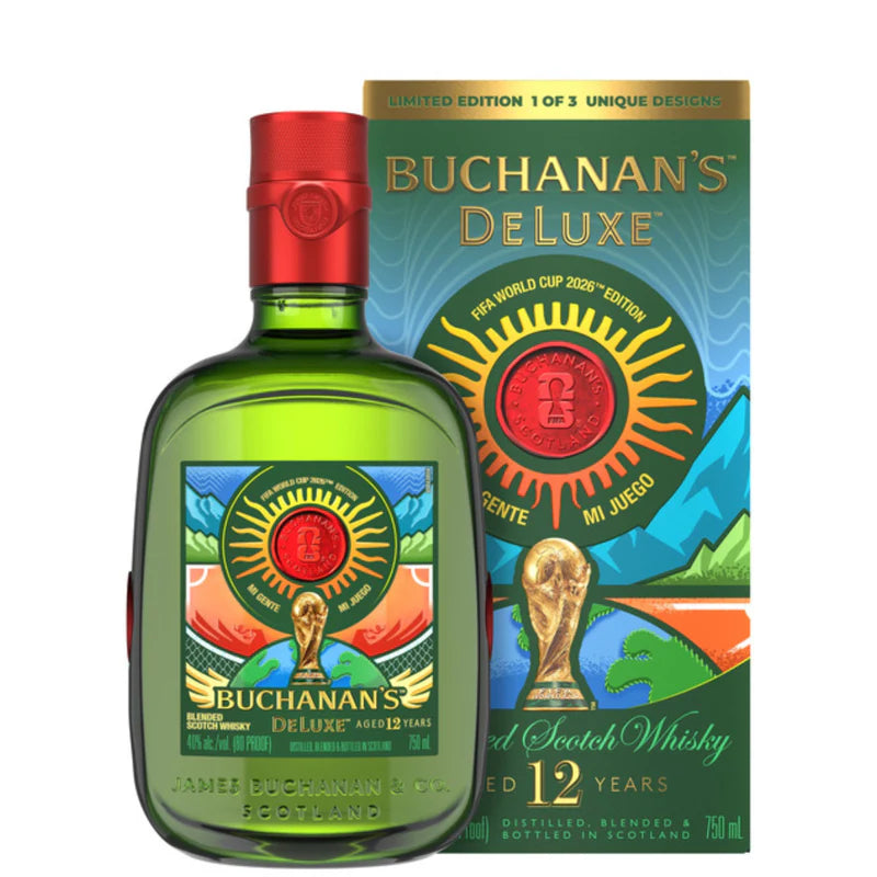 Buchanan's Deluxe 12 Year Old Scotch Whisky bottle and packaging with World Cup design