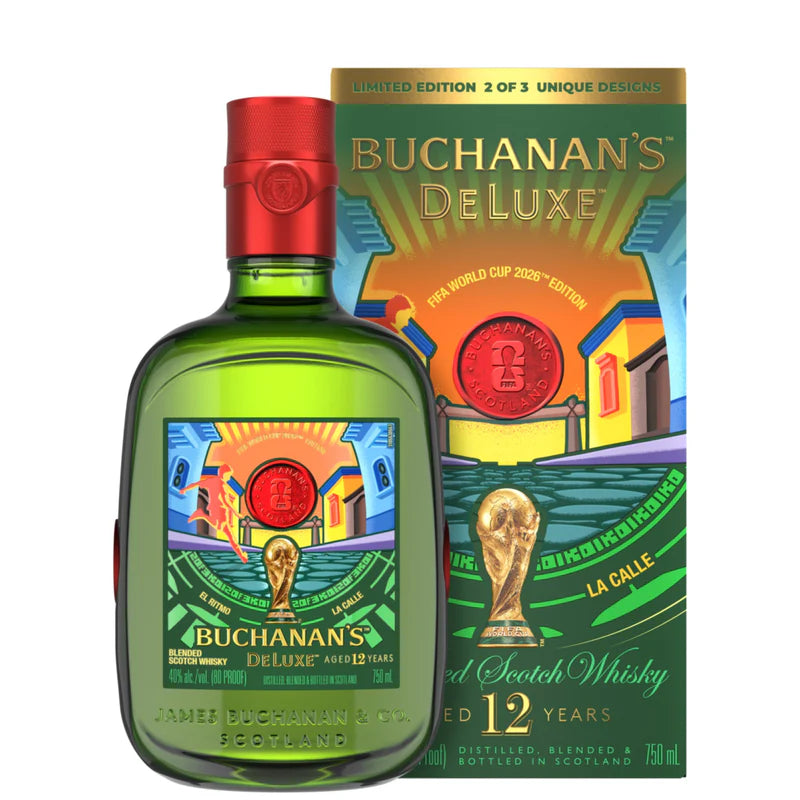 Buchanan's Deluxe 12 Year Old Scotch Whisky bottle and packaging on a white background