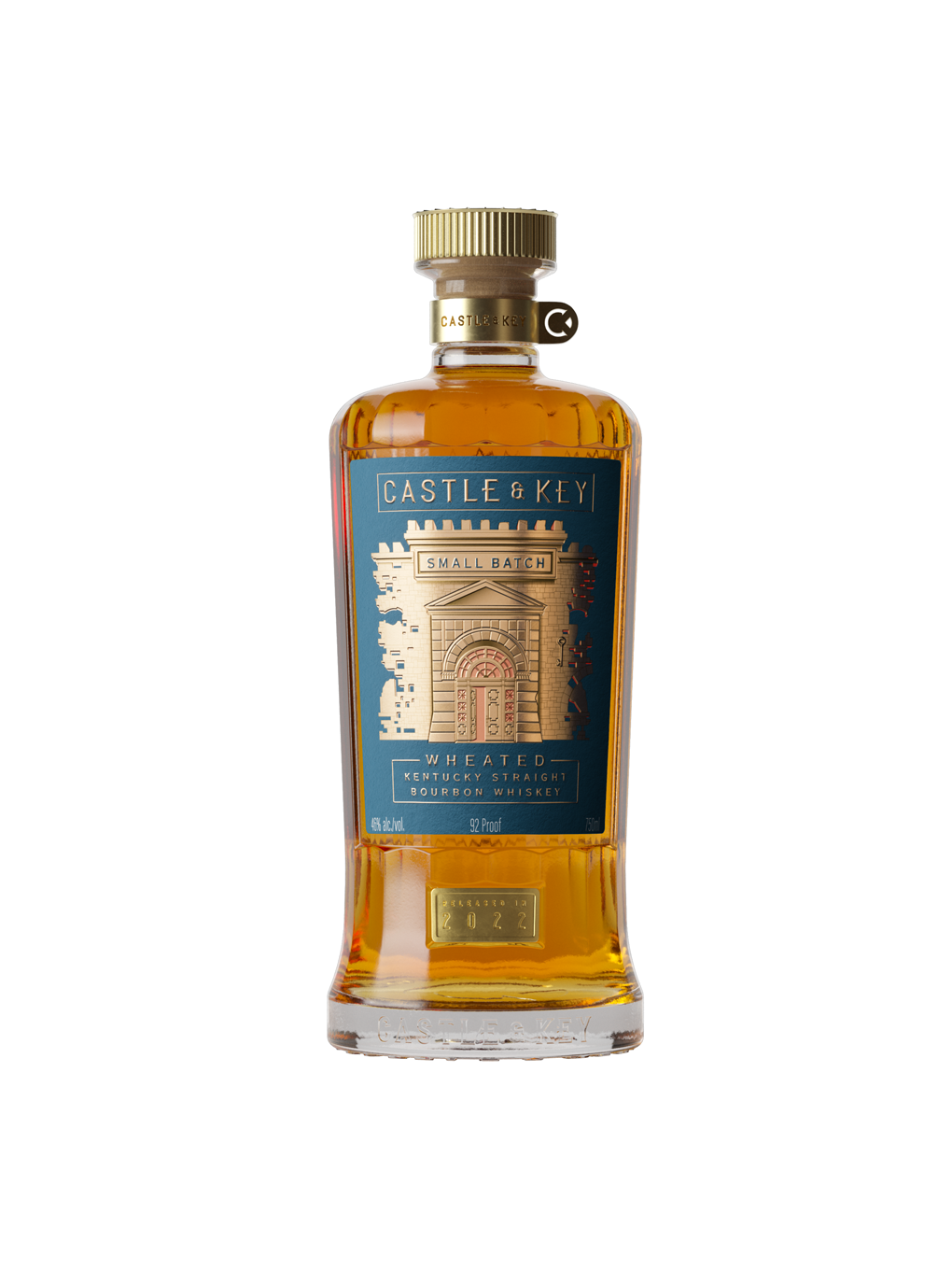 Bottle of Castle & Key whiskey on a white background